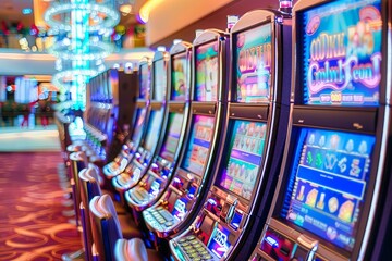 A dazzling row of slot machines aligned side by side, each adorned with bright lights and captivating graphics, ready to tempt players with the promise of a jackpot.