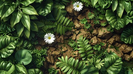 Fototapeta premium A top-down view of a beautiful, verdant jungle ground with a few ferns, two white flowers, a few small rocks, and a few vines. Generative AI.