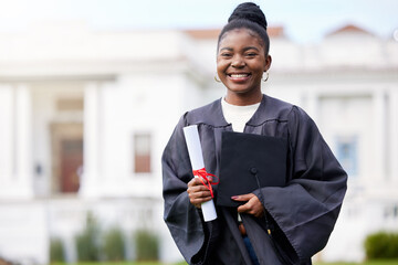 University, portrait or happy black woman at campus for graduation, event or phd, certificate or...