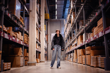 In a commanding display, a young woman stands firmly in the center of a warehouse aisle, surrounded...
