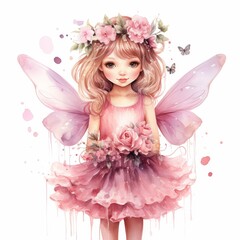 Little cute watercolor fairy in pink dress and butterfly wings.