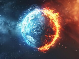 A depiction of the planet earth split in half with fire and ice. - obrazy, fototapety, plakaty