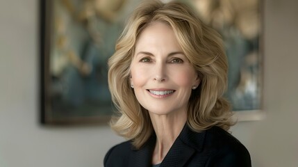 Elegant professional woman smiling confidently at the camera. Portrait for business or editorial use. Simple, classic style. AI