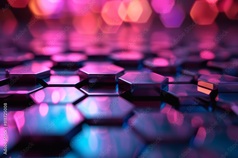 Poster hexagonal background with colorful and glowing neon effect, neon hexagons background, 3d rendering o