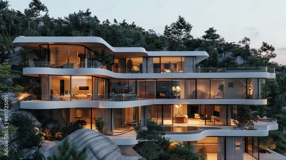 Poster Big modern luxurious house on a complex terrain, a steep slope in front, with a mix of sloped and flat roofs, floor-to-ceiling windows, rectangular and curved windows. Generative AI.