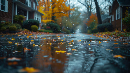 A rainy street with leaves on the ground. - obrazy, fototapety, plakaty
