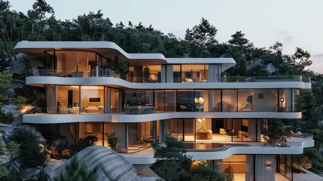 Big modern luxurious house on a complex terrain, a steep slope in front, with a mix of sloped and flat roofs, floor-to-ceiling windows, rectangular and curved windows. Generative AI.