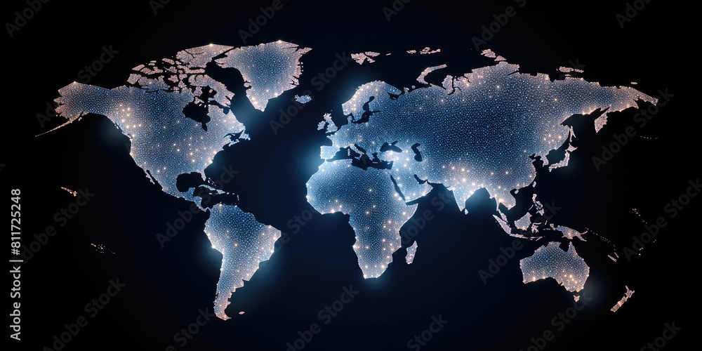 Poster glowing digital world map on a dark background with sparkling light points. global communication and