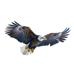 Bald eagle flying isolated on transparent background. PNG cut out. Full body of eagle, wings are spread. Image of animal.