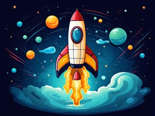 The illustration shows a rocket launching into space. The rocket is red and white, with a blue flame coming out of its engines. There are stars and planets in the background.