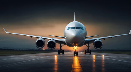 Front view of an airplane or aero plane running on the runway in night time, flight plane, track