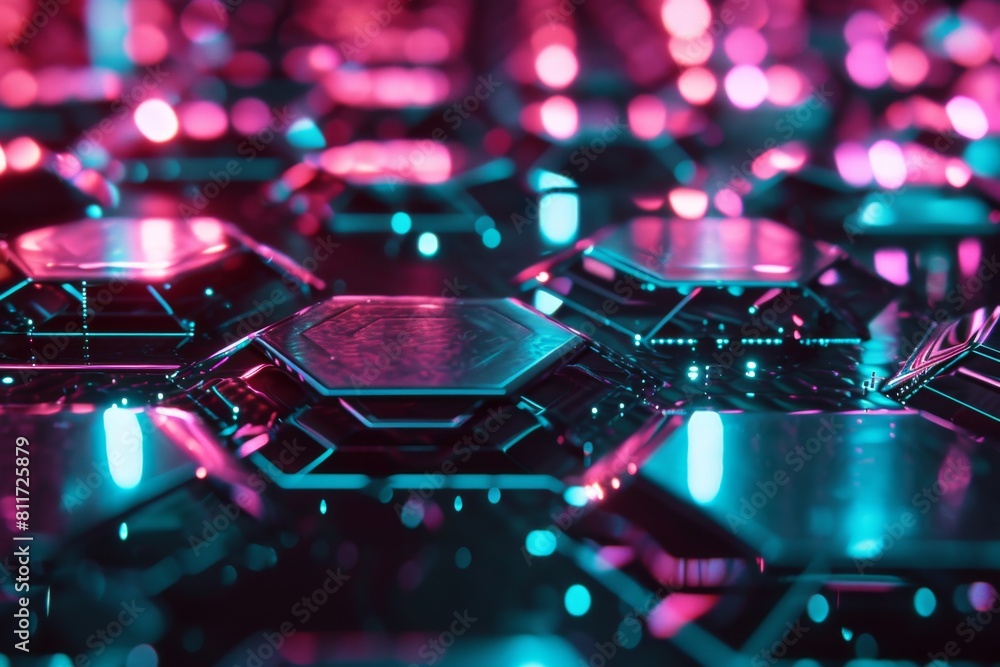 Poster hexagonal background with colorful and glowing neon effect, neon hexagons background, 3d rendering o