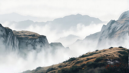 Minimalistic view of mountain landscape with mist and fog in the environment, mountains