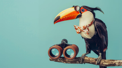 Naklejka premium Toucan in a bow tie and glasses, perched on a branch, with a pair of binoculars and a map, strong image with a high-key lighting, copyspace, background