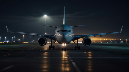 Front view of an airplane or aero plane running on the runway in night time, flight plane, flying