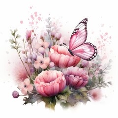 Pink flowers and butterfly, watercolor.