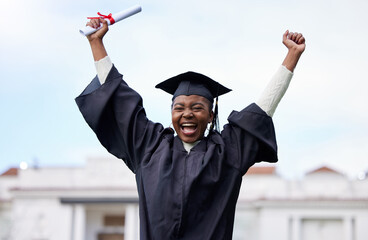 Black girl, celebrate and diploma for graduation in outdoor, certificate and college or education...