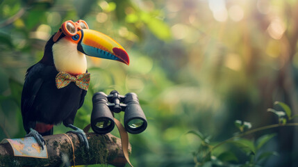 Naklejka premium Stylish toucan on a branch, exploring with flair on a blurry forest background