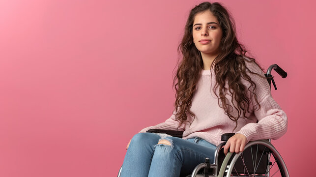 Young woman in a wheelchair on color background