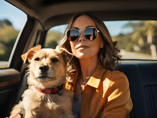 Splash Colors Colorful and Modern Woman with sunglasses and dog in car.