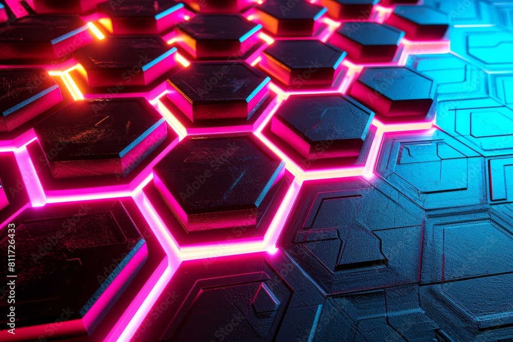 Poster hexagonal background with colorful and glowing neon effect, neon hexagons background, 3d rendering o