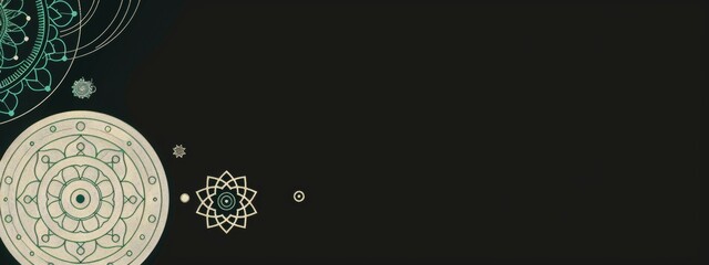 A simple and elegant vector logo of an abstract mandala pattern in light teal, centered on the left side of a blank black background with subtle gradient shadows.