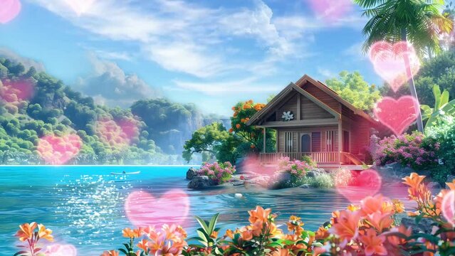 春または夏の季節に湖のそばにある木造のコテージ。 2Dアニメ風の美しい風景を描きます。 4Kループアニメーション