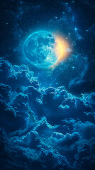 A full moon is seen in the night sky with clouds.