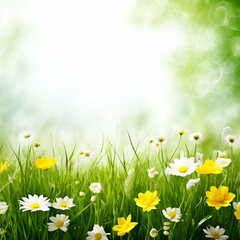spring background with green grass and white et yellow flowers,generate ai