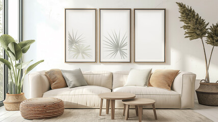 Mock up frame in Earth Tone living room interior, farmhouse style.