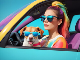 Splash Colors Colorful and Modern Woman with sunglasses and dog in car.