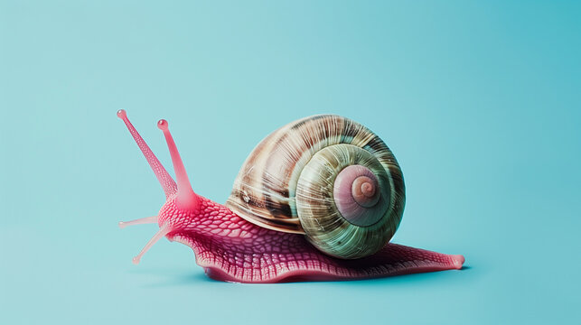 Colorful Snail with Pink Body Crawling on a Smooth Blue Background