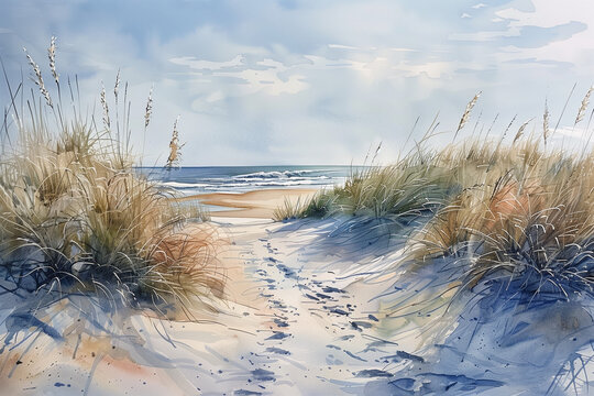 Realistic Sea beach background in watercolor style pink, blue beige pastel color, muted tones. Painting of sand dunes, path with foot step & sea. Sea side art banner with copy space.