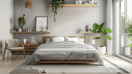 Modern Bedroom With Bed, Desk, Chair, and Potted Plants