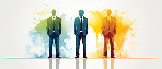 Obraz premium Three businessmen in suits of different colors stand in front of a white background. The men are all looking at the camera. The image is colorful and has a painterly feel to it.