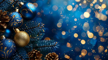 Christmas tree with blue and gold ornaments. - Powered by Adobe