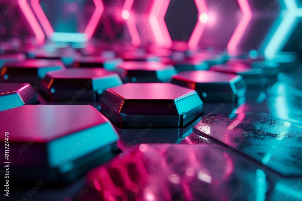 Poster hexagonal background with colorful and glowing neon effect, neon hexagons background, 3d rendering o