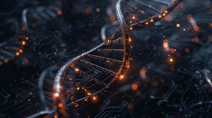 Sparkling Digital DNA Strand with Floating Particles, Genetic Science Concept