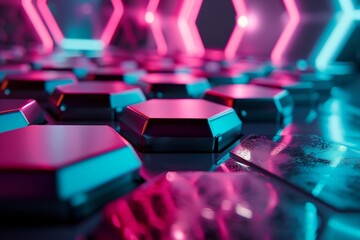 Obraz premium Hexagonal Background with Colorful and Glowing Neon Effect, Neon Hexagons Background, 3d rendering of abstract background with hexagons in neon light, AI generated
