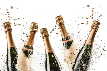 Champagne Bottles flying in the air on a white background