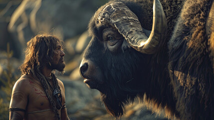 Neanderthal man stands against big woolly buffalo, hunter