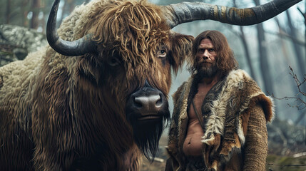 Neanderthal man stands against big woolly buffalo, hunter