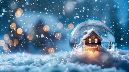 Christmas snow ball with house inside it and snowfall.