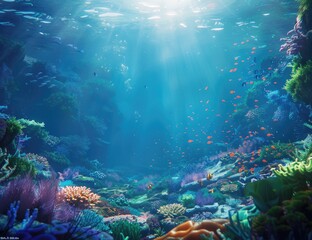 Fototapeta na wymiar Sunlight shining through water on coral reef in underwater natural environment