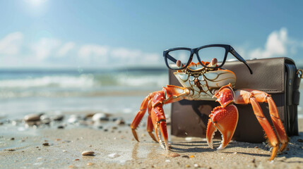 Crab in glasses, standing on a beach, with a briefcase and a pair of claws, copyspace, background