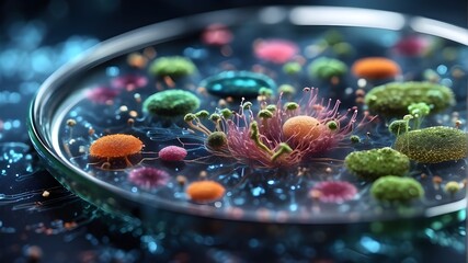 Bright range of microorganisms using generative artificial intelligence (AI) inside a petri dish plate in a lab with a super macro zoom background, including bacteria, protozoa, algae, and fungus. 