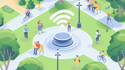 Public Park with Wi-Fi Connectivity Symbol, Illustrating Urban Wireless Technology