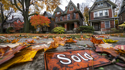 A sold sign sits on the ground in front of houses.