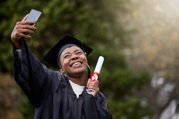 Black girl, selfie and diploma for graduation in outdoor, certificate and college or education...