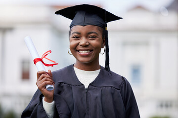 University, portrait or proud black woman at campus for graduation, event or phd, certificate or diploma success outdoor. Education, college or gen z student smile for future, career or learning goal